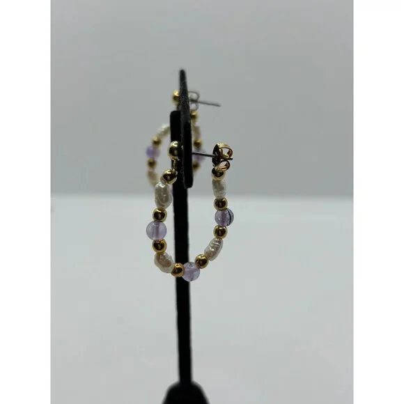 Vintage Lee Sands Cultured Freshwater Pearl Earrings Purple‎ Gold Tone Hoops - Picture 4 of 6